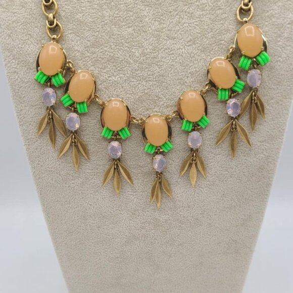 J Crew Peach Green Resin Gold Tone with Fringe Statement Necklace - Picture 4 of 10